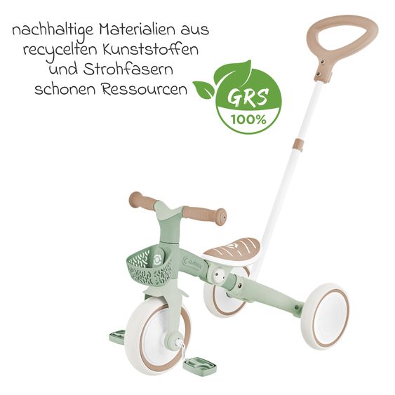 GLOBBER Véhicule 3-in-1 Learning Trike PLUS ECO Tricycle, Draisienne, Tricycle Poussette À Pousser Dès 12 Mois Jusqu’à 3 Ans Jusqu’à 22 Kg Chargeable Incl. Panier Guidon - Sauge Verte