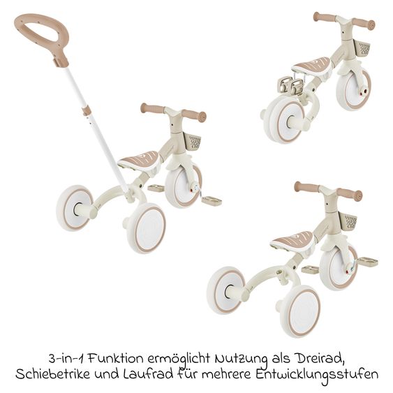 GLOBBER Véhicule 3-in-1 Learning Trike PLUS ECO Tricycle, Draisienne, Tricycle Poussette À Pousser Dès 12 Mois Jusqu’à 3 Ans Jusqu’à 22 Kg Chargeable Incl. Panier Guidon - Taupe