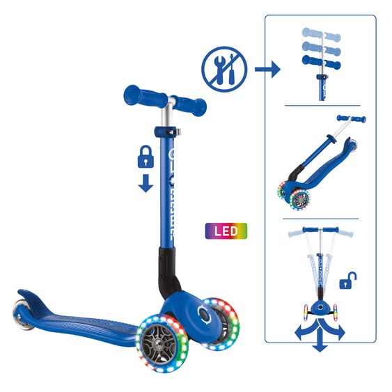 GLOBBER Trottinette 3 Roues JUNIOR Pliable Lights À Partir De 2 Ans Jusqu’à 50 Kg Chargeable Avec Roues Lumineuses - Bleu Foncé