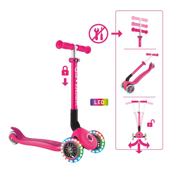GLOBBER Trottinette 3 Roues JUNIOR Pliable Lights À Partir De 2 Ans Jusqu’à 50 Kg Chargeable Avec Roues Lumineuses - Fuchsia