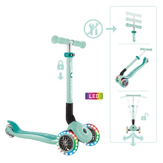 GLOBBER Trottinette 3 Roues JUNIOR Pliable Lights À Partir De 2 Ans Jusqu’à 50 Kg Chargeable Avec Roues Lumineuses - Menthe