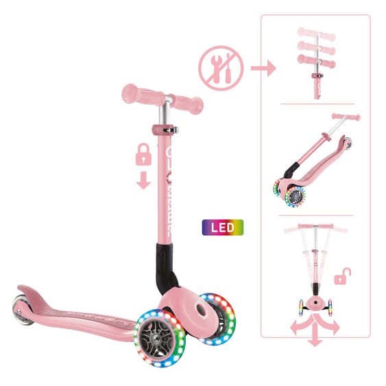 GLOBBER Trottinette 3 Roues JUNIOR Pliable Lights À Partir De 2 Ans Jusqu’à 50 Kg Chargeable Avec Roues Lumineuses - Pastel Rose