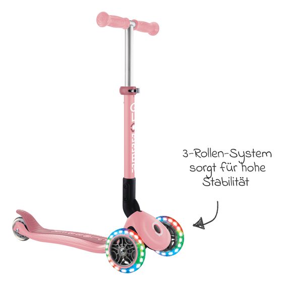 GLOBBER Trottinette 3 Roues JUNIOR Pliable Lights À Partir De 2 Ans Jusqu’à 50 Kg Chargeable Avec Roues Lumineuses - Pastel Rose