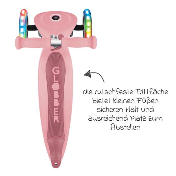 GLOBBER Trottinette 3 Roues JUNIOR Pliable Lights À Partir De 2 Ans Jusqu’à 50 Kg Chargeable Avec Roues Lumineuses - Pastel Rose