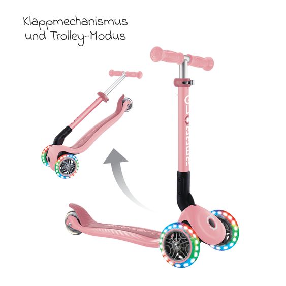 GLOBBER Trottinette 3 Roues JUNIOR Pliable Lights À Partir De 2 Ans Jusqu’à 50 Kg Chargeable Avec Roues Lumineuses - Pastel Rose