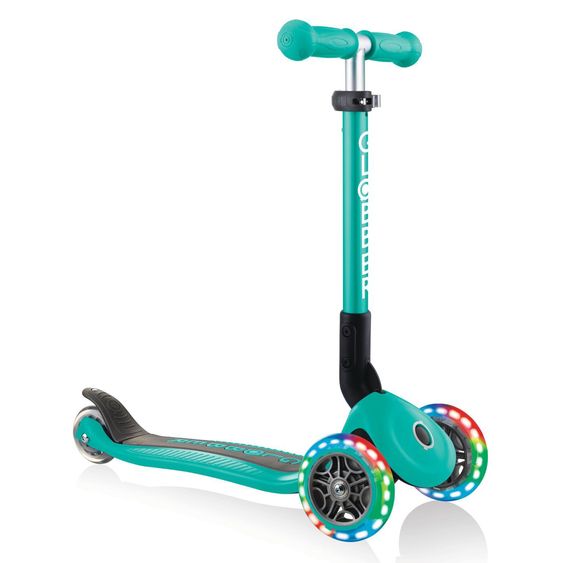 GLOBBER 3-Wheel Scooter JUNIOR Foldable Lights from 2 years up to 50 kg load capacity with light-up wheels - Turquoise