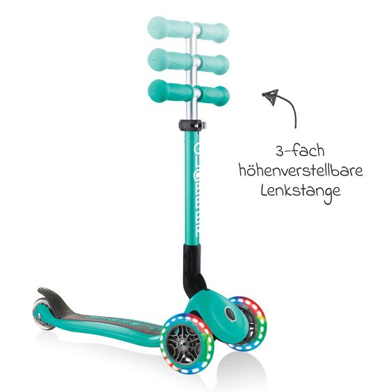 GLOBBER 3-Rad-Scooter JUNIOR Foldable Lights ab 2 Jahren bis 50 kg belastbar mit Leuchtrollen - Türkis
