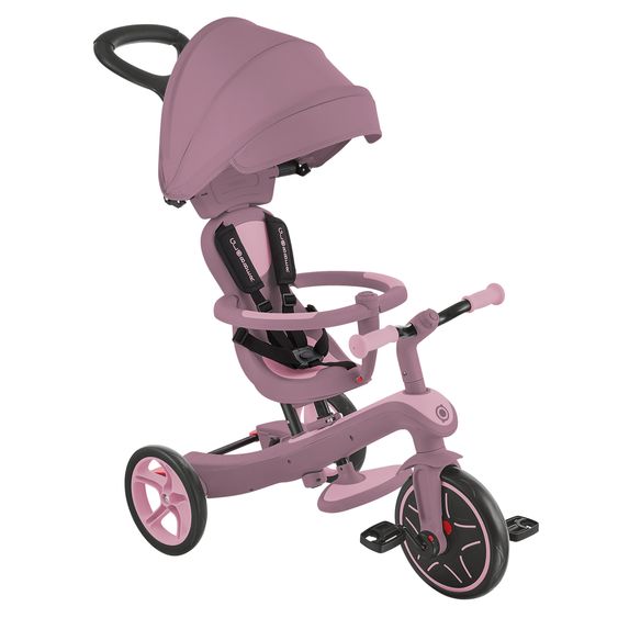 GLOBBER 4-in-1 Baby-Dreirad & Laufrad Explorer ECO  von 10 Monate bis 5 Jahren mit höhenverstellbarem Sitz, 5-Punkt-Gurt-System, abnehmbare Lenkstange - Beere