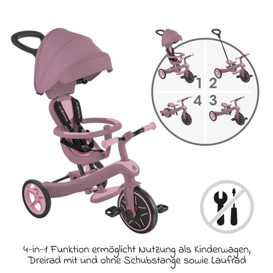 GLOBBER 4-in-1 Baby-Dreirad & Laufrad Explorer ECO  von 10 Monate bis 5 Jahren mit höhenverstellbarem Sitz, 5-Punkt-Gurt-System, abnehmbare Lenkstange - Beere