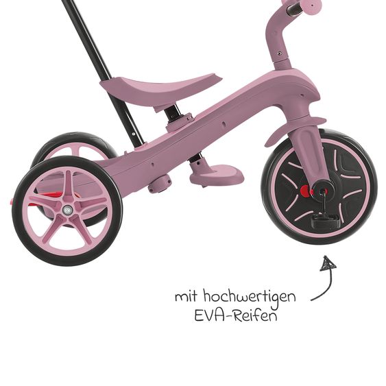 GLOBBER 4-in-1 Baby-Dreirad & Laufrad Explorer ECO  von 10 Monate bis 5 Jahren mit höhenverstellbarem Sitz, 5-Punkt-Gurt-System, abnehmbare Lenkstange - Beere