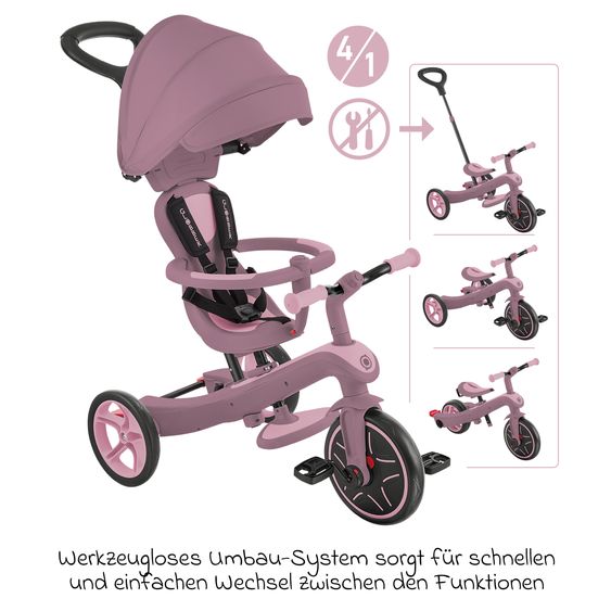GLOBBER 4-in-1 Baby-Dreirad & Laufrad Explorer ECO  von 10 Monate bis 5 Jahren mit höhenverstellbarem Sitz, 5-Punkt-Gurt-System, abnehmbare Lenkstange - Beere
