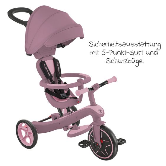 GLOBBER 4-in-1 Baby-Dreirad & Laufrad Explorer ECO  von 10 Monate bis 5 Jahren mit höhenverstellbarem Sitz, 5-Punkt-Gurt-System, abnehmbare Lenkstange - Beere