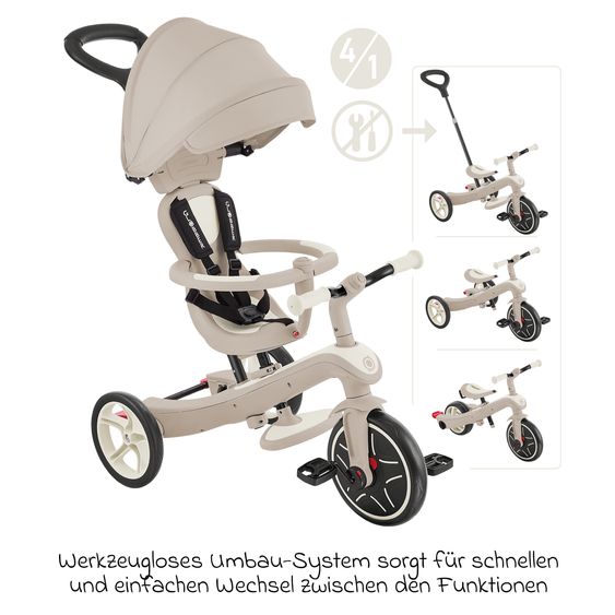 GLOBBER 4-in-1 Tricycle Bébé & Draisienne Explorer ECO de 10 Mois à 5 Ans avec Siège Réglable en Hauteur, Système de Harnais 5 Points, Barre de Direction Amovible - Noix De Coco Blanc