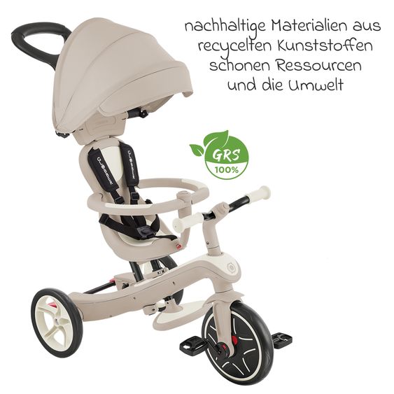 GLOBBER 4-in-1 Tricycle Bébé & Draisienne Explorer ECO de 10 Mois à 5 Ans avec Siège Réglable en Hauteur, Système de Harnais 5 Points, Barre de Direction Amovible - Noix De Coco Blanc