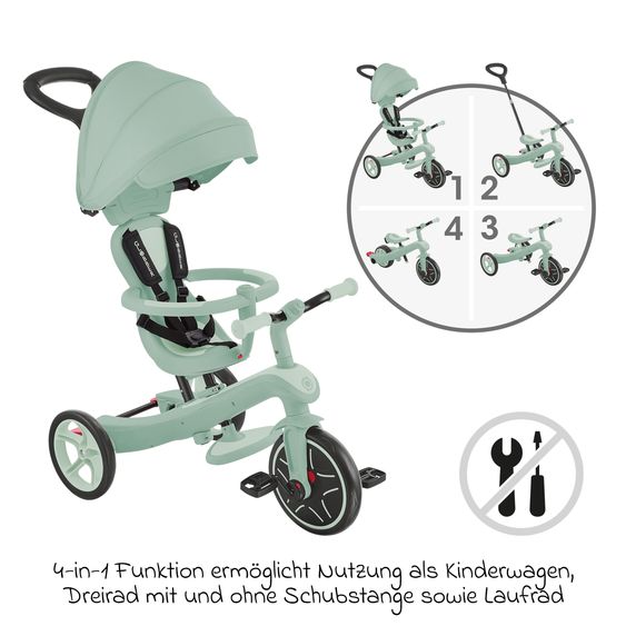 GLOBBER 4-in-1 Tricycle Bébé & Draisienne Explorer ECO de 10 Mois à 5 Ans avec Siège Réglable en Hauteur, Système de Harnais 5 Points, Barre de Direction Amovible - Pistache