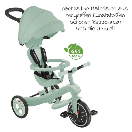 GLOBBER 4-in-1 Tricycle Bébé & Draisienne Explorer ECO de 10 Mois à 5 Ans avec Siège Réglable en Hauteur, Système de Harnais 5 Points, Barre de Direction Amovible - Pistache