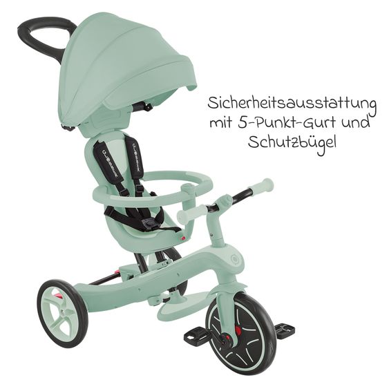 GLOBBER 4-in-1 Tricycle Bébé & Draisienne Explorer ECO de 10 Mois à 5 Ans avec Siège Réglable en Hauteur, Système de Harnais 5 Points, Barre de Direction Amovible - Pistache