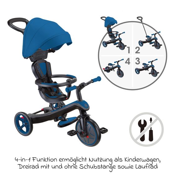 GLOBBER 4-in-1 Tricycle Bébé & Draisienne Explorer De 10 Mois À 5 Ans Avec Siège Réglable En Hauteur, Système De Harnais 5 Points, Barre De Direction Amovible - Bleu