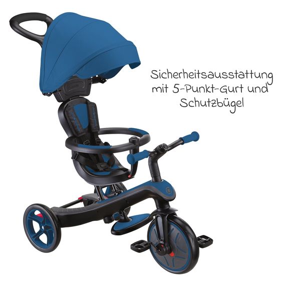 GLOBBER 4-in-1 Tricycle Bébé & Draisienne Explorer De 10 Mois À 5 Ans Avec Siège Réglable En Hauteur, Système De Harnais 5 Points, Barre De Direction Amovible - Bleu
