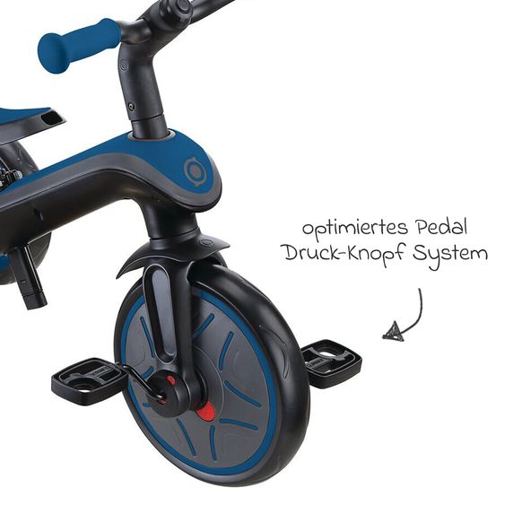 GLOBBER 4-in-1 Tricycle Bébé & Draisienne Explorer De 10 Mois À 5 Ans Avec Siège Réglable En Hauteur, Système De Harnais 5 Points, Barre De Direction Amovible - Bleu