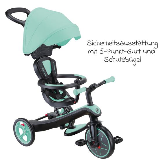 GLOBBER 4-in-1 Tricycle Bébé & Draisienne Explorer De 10 Mois À 5 Ans Avec Siège Réglable En Hauteur, Système De Harnais 5 Points, Barre De Direction Amovible - Menthe