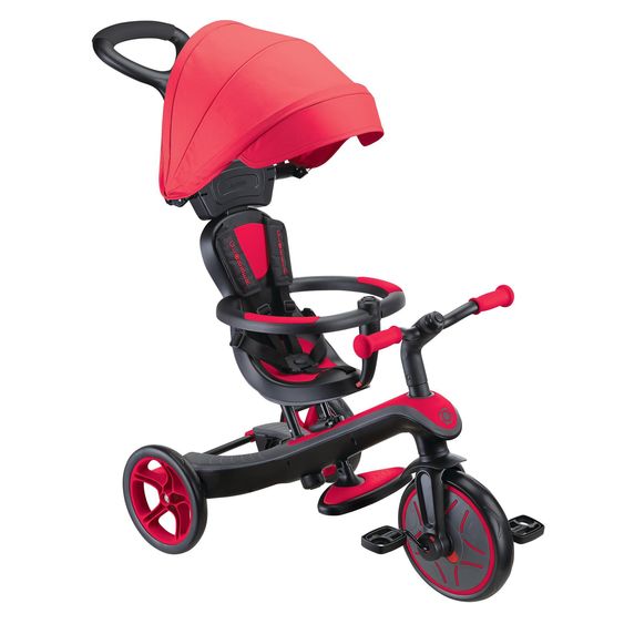 GLOBBER 4-in-1 Baby-Dreirad & Laufrad Explorer  von 10 Monate bis 5 Jahre mit höhenverstellbarem Sitz, 5-Punkt-Gurt-System, abnehmbarer Lenkstange - Rot