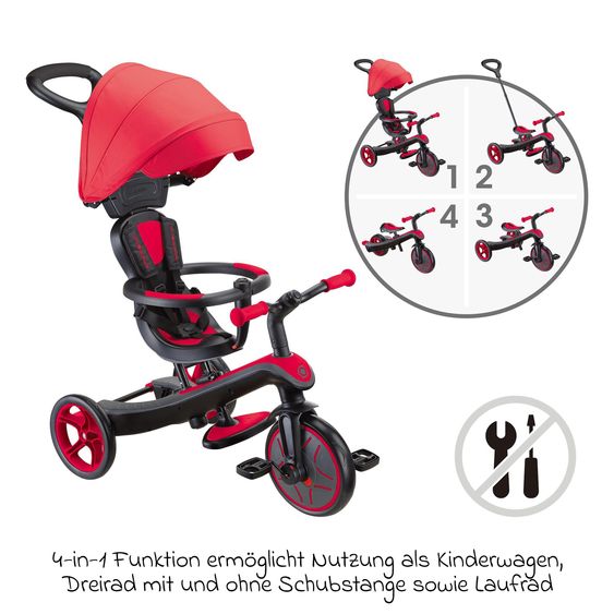GLOBBER 4-in-1 Tricycle Bébé & Draisienne Explorer De 10 Mois À 5 Ans Avec Siège Réglable En Hauteur, Système De Harnais 5 Points, Barre De Direction Amovible - Rouge