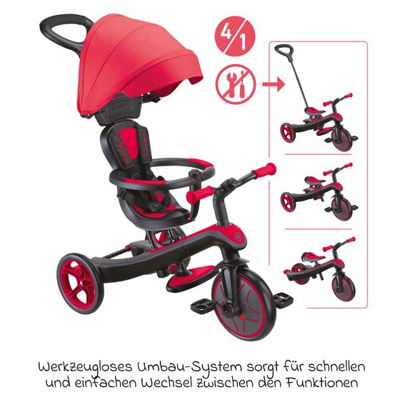GLOBBER 4-in-1 Tricycle Bébé & Draisienne Explorer De 10 Mois À 5 Ans Avec Siège Réglable En Hauteur, Système De Harnais 5 Points, Barre De Direction Amovible - Rouge