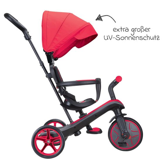 GLOBBER 4-in-1 Tricycle Bébé & Draisienne Explorer De 10 Mois À 5 Ans Avec Siège Réglable En Hauteur, Système De Harnais 5 Points, Barre De Direction Amovible - Rouge