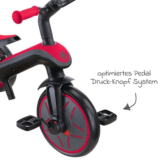 GLOBBER 4-in-1 Tricycle Bébé & Draisienne Explorer De 10 Mois À 5 Ans Avec Siège Réglable En Hauteur, Système De Harnais 5 Points, Barre De Direction Amovible - Rouge