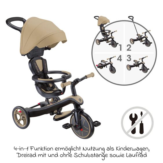 GLOBBER 4-in-1 Tricycle Bébé & Draisienne Explorer De 10 Mois À 5 Ans Avec Siège Réglable En Hauteur, Système De Harnais 5 Points, Barre De Direction Amovible - Sable