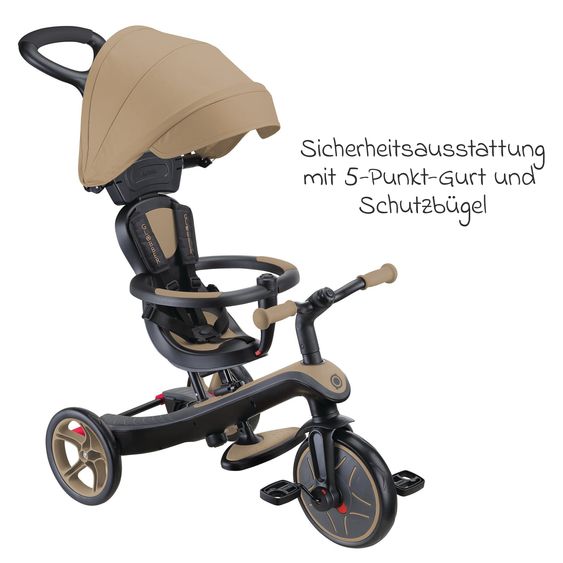 GLOBBER 4-in-1 Tricycle Bébé & Draisienne Explorer De 10 Mois À 5 Ans Avec Siège Réglable En Hauteur, Système De Harnais 5 Points, Barre De Direction Amovible - Sable