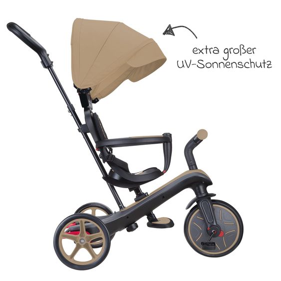 GLOBBER 4-in-1 Tricycle Bébé & Draisienne Explorer De 10 Mois À 5 Ans Avec Siège Réglable En Hauteur, Système De Harnais 5 Points, Barre De Direction Amovible - Sable