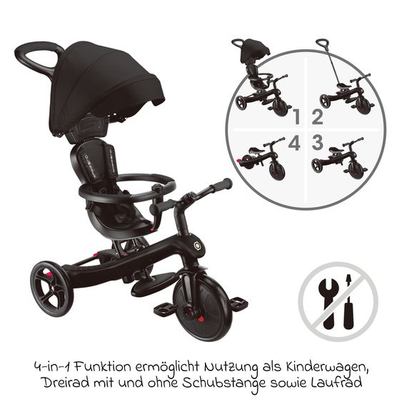 GLOBBER 4-in-1 Tricycle Bébé & Draisienne Explorer De 10 Mois À 5 Ans Avec Siège Réglable En Hauteur, Système De Harnais 5 Points, Barre De Direction Amovible - Noir