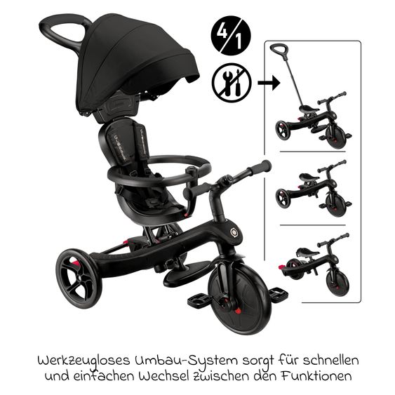 GLOBBER 4-in-1 Tricycle Bébé & Draisienne Explorer De 10 Mois À 5 Ans Avec Siège Réglable En Hauteur, Système De Harnais 5 Points, Barre De Direction Amovible - Noir
