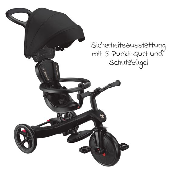 GLOBBER 4-in-1 Tricycle Bébé & Draisienne Explorer De 10 Mois À 5 Ans Avec Siège Réglable En Hauteur, Système De Harnais 5 Points, Barre De Direction Amovible - Noir