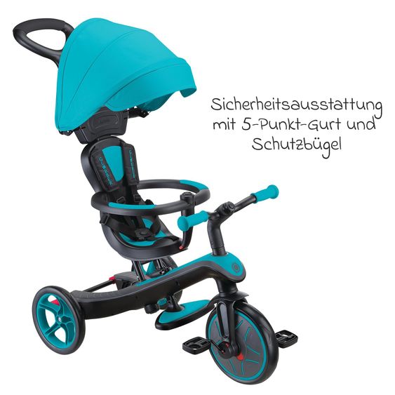 GLOBBER 4-in-1 Tricycle Bébé & Draisienne Explorer De 10 Mois À 5 Ans Avec Siège Réglable En Hauteur, Système De Harnais 5 Points, Barre De Direction Amovible - Turquoise