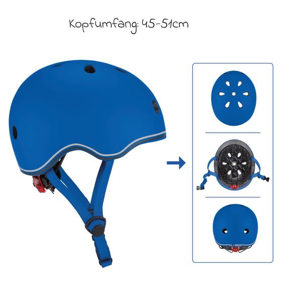 GLOBBER Kinderhelm GO-UP LIGHTS Gr. XXS/XS (Kopfumfang 45-51 cm)  inkl. Integriertes LED-Rücklicht - Dunkelblau