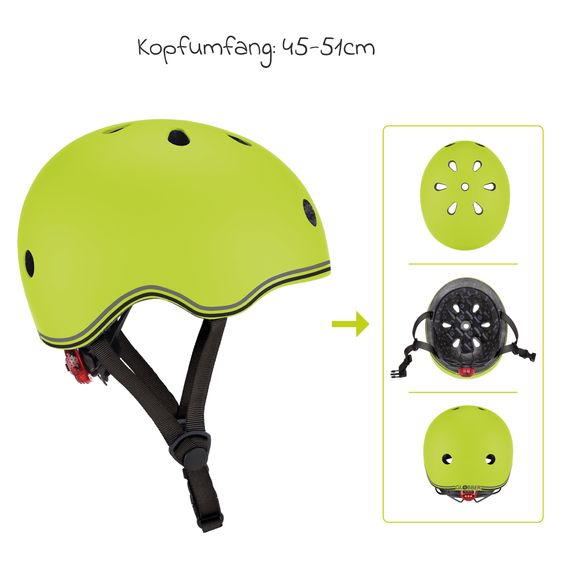 GLOBBER Kinderhelm GO-UP LIGHTS Gr. XXS/XS (Kopfumfang 45-51 cm)  inkl. Integriertes LED-Rücklicht - Lime Grün