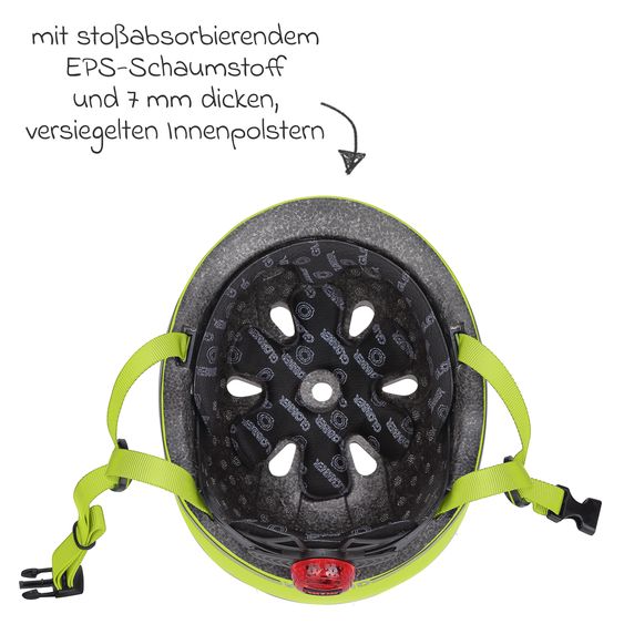 GLOBBER Kinderhelm GO-UP LIGHTS Gr. XXS/XS (Kopfumfang 45-51 cm)  inkl. Integriertes LED-Rücklicht - Lime Grün