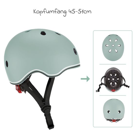 GLOBBER Kinderhelm GO-UP LIGHTS Gr. XXS/XS (Kopfumfang 45-51 cm)  inkl. Integriertes LED-Rücklicht - Salbei Grün