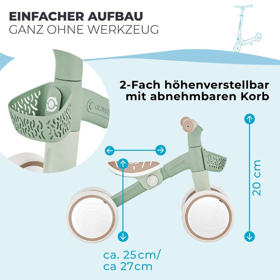 GLOBBER Draisienne Vélo D'Apprentissage ECO à Partir De 12 Mois Jusqu'À 3 Ans Charge Jusqu'À 20 Kg Inclus Panier De Guidon - Sauge Verte