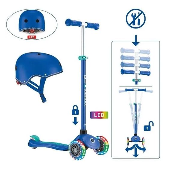 GLOBBER Tretroller / Scooter Primo Plus Lights inkl. Helm - Blau