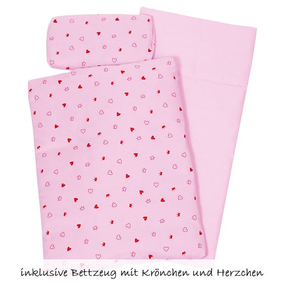 Goki Puppenwiege inkl. Bettsett - Krönchen - Weiß Rosa