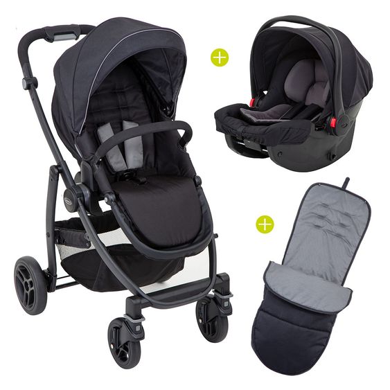 Graco Buggy / Sportwagen Evo inkl. Babyschale, Fußsack und Regenschutz - Black Grey