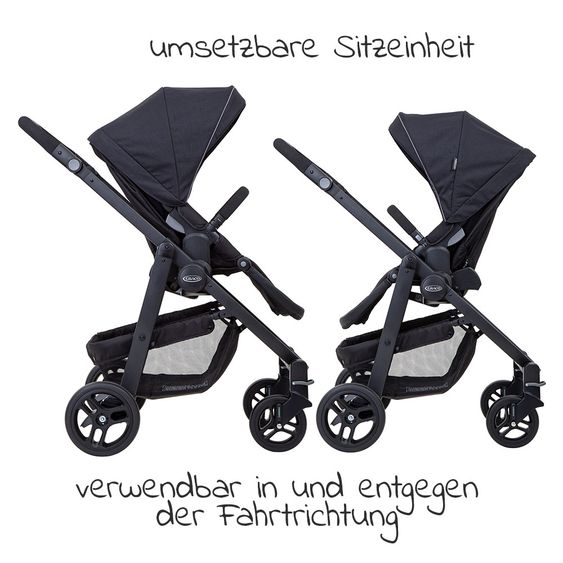 Graco Buggy / Sportwagen Evo inkl. Babyschale, Fußsack und Regenschutz - Black Grey