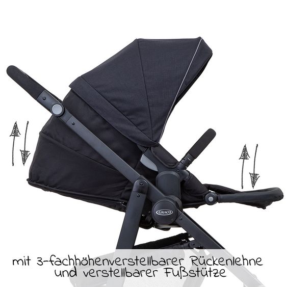 Graco Buggy / Sportwagen Evo inkl. Babyschale, Fußsack und Regenschutz - Black Grey