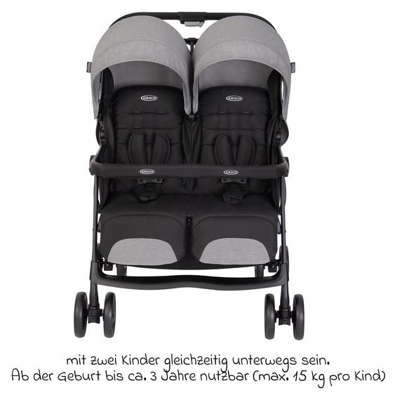 Graco Sibling & twin stroller DuoRider only 12.1 kg weight with reclining position incl. rain cover - Steeple Gray