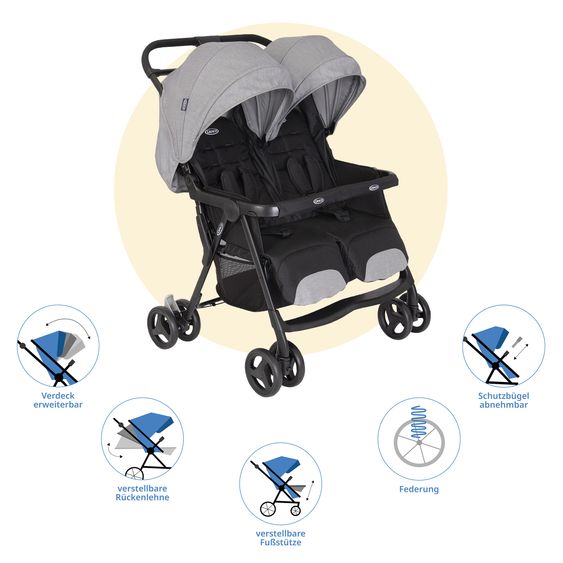 Graco Sibling & twin stroller DuoRider only 12.1 kg weight with reclining position incl. rain cover - Steeple Gray