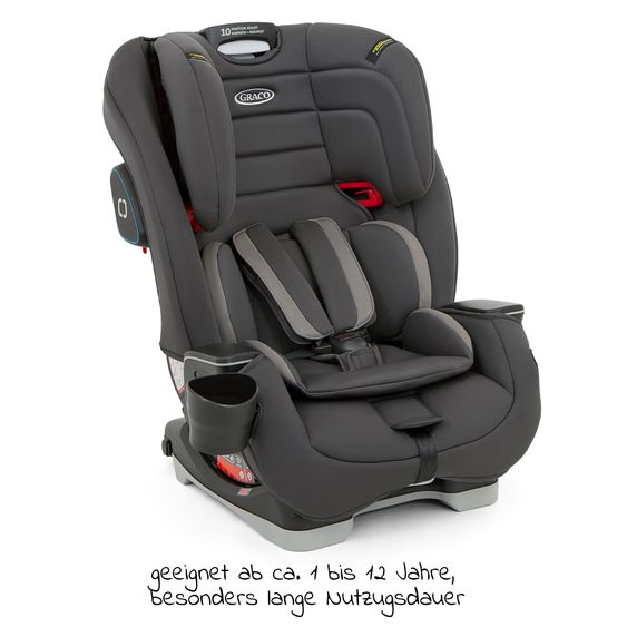 Graco Kindersitz Avolve Gruppe 1/2/3 - ab 9 Monate - 12 Jahre (9-36kg) inkl. Sitzverkleinerer, Becherhalter - Charcoal